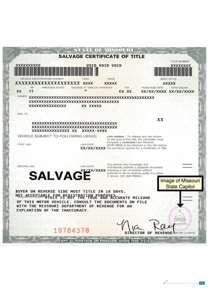 Download USA Missouri salvage certificate of title Photoshop template